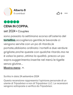 Recensione 3 Tripadvisor Osteria del Tortellino Ristoranti senza glutine Modena