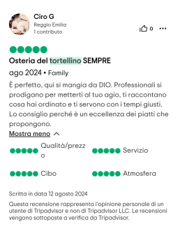 Recensione 5 Tripadvisor Osteria del Tortellino Ristoranti senza glutine Modena